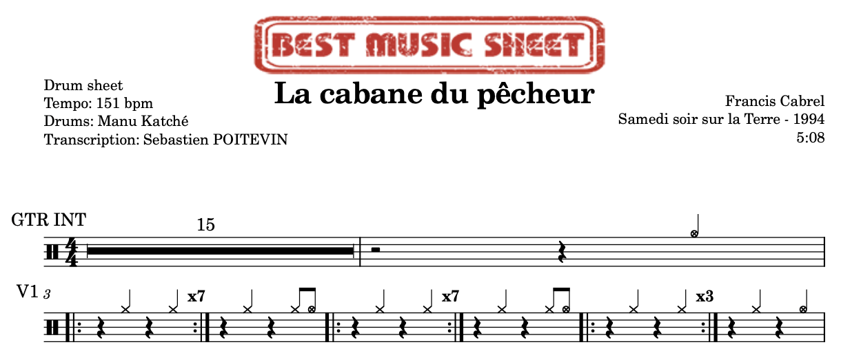 sample drum sheet of La Cabane du pêcheur by Francis Cabrel