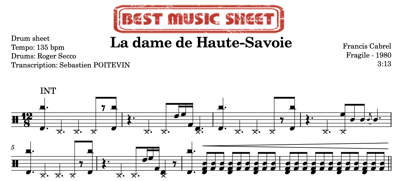 Sample drum sheet of La Dame de Haute-Savoie by Francis Cabrel