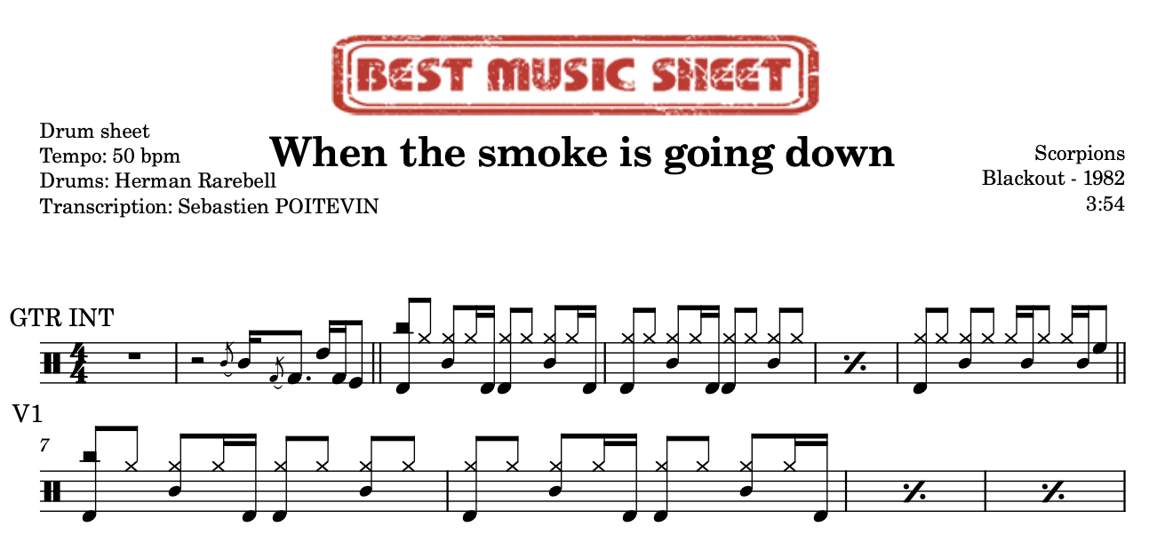 Drum Sheet - Scorpions - When The Smoke Is Going Down - Best Music Sheet