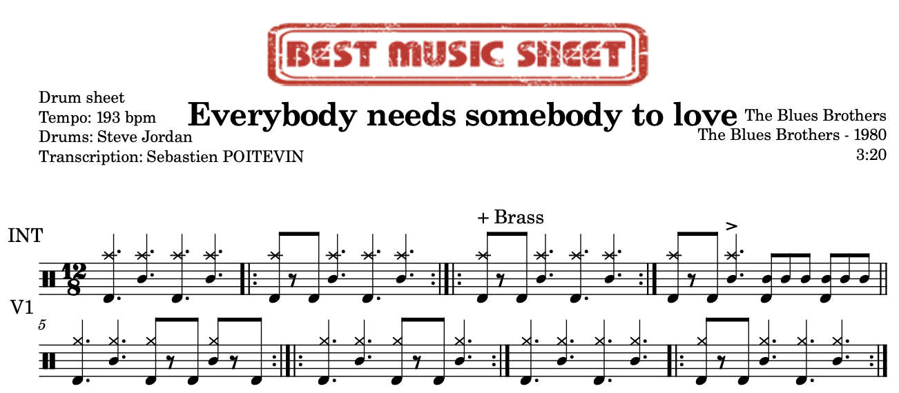 Sample drum sheet of Everybody Needs Somebody to Love by The Blues Brothers