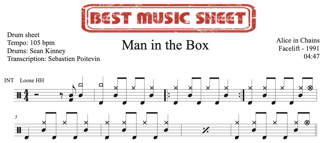 Extrait partition de batterie Man in the Box de Alice in Chains