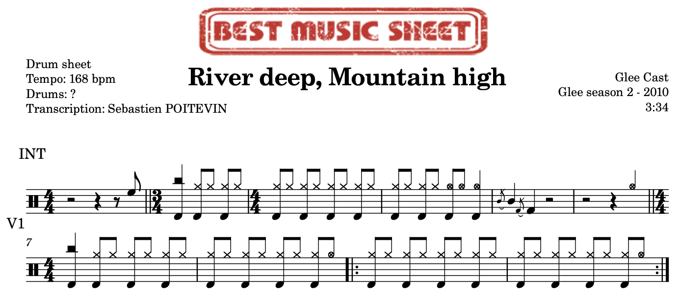 Sample drum sheet of River Deep Mountain High by Glee Cast