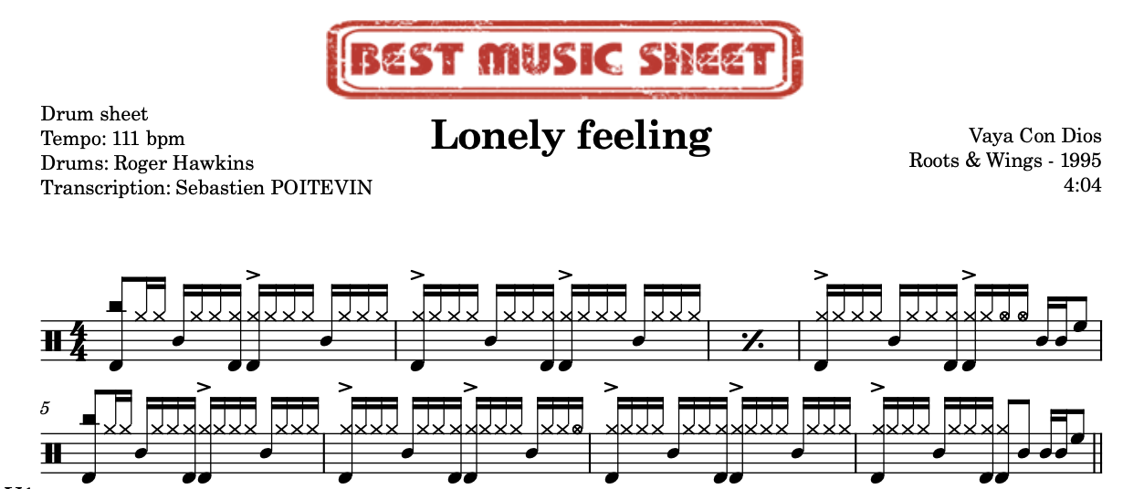 Extrait partition de batterie Lonely Feeling de Vaya Con Dios