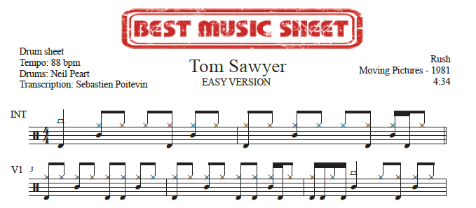 Sample drum sheet easy of Tom Sawyer by Rush