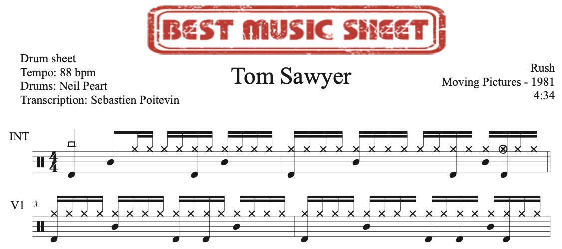 Sample drum sheet of Tom Sawyer by Rush