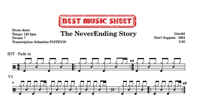Sample drum sheet of The NeverEnding Story by Limahl