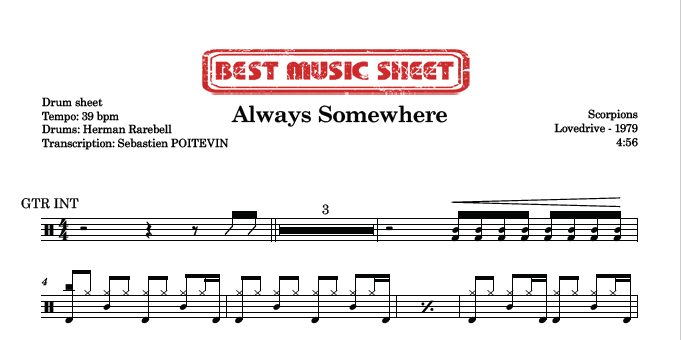 Sample drum sheet of Always Somewhere by Scorpions