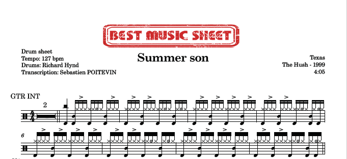 Sample drum sheet of Summer Son by Texas