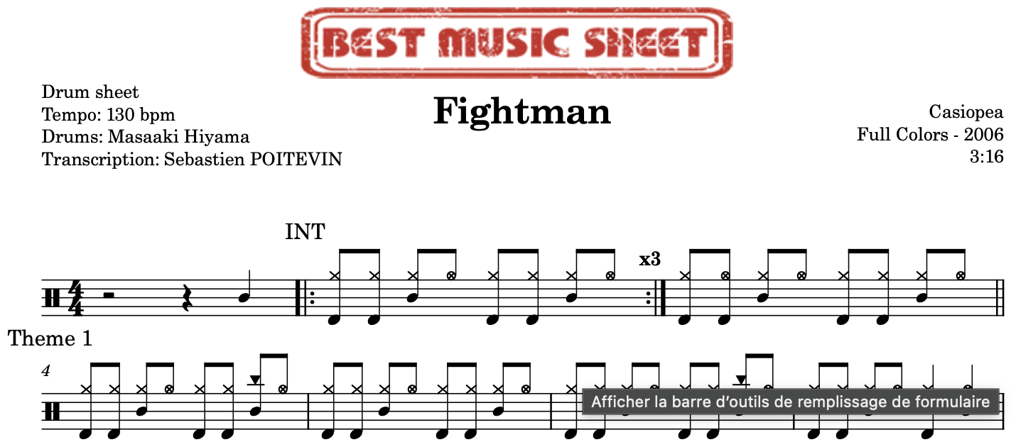 Sample drum sheet of Fightman by Casiopea
