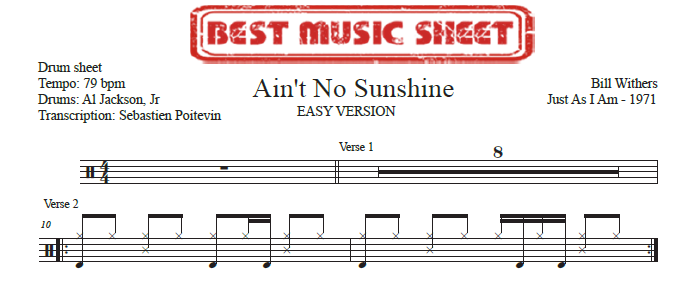 Sample drum sheet easy of Ain't No Sunshine by Bill Withers