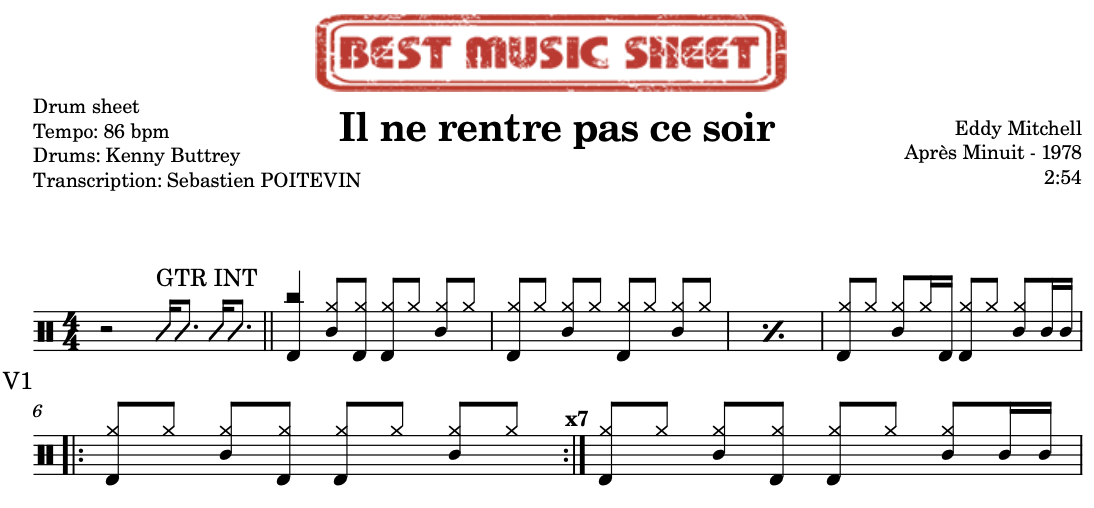 Sample drum sheet of Il ne rentre pas ce soir by Eddy Mitchell