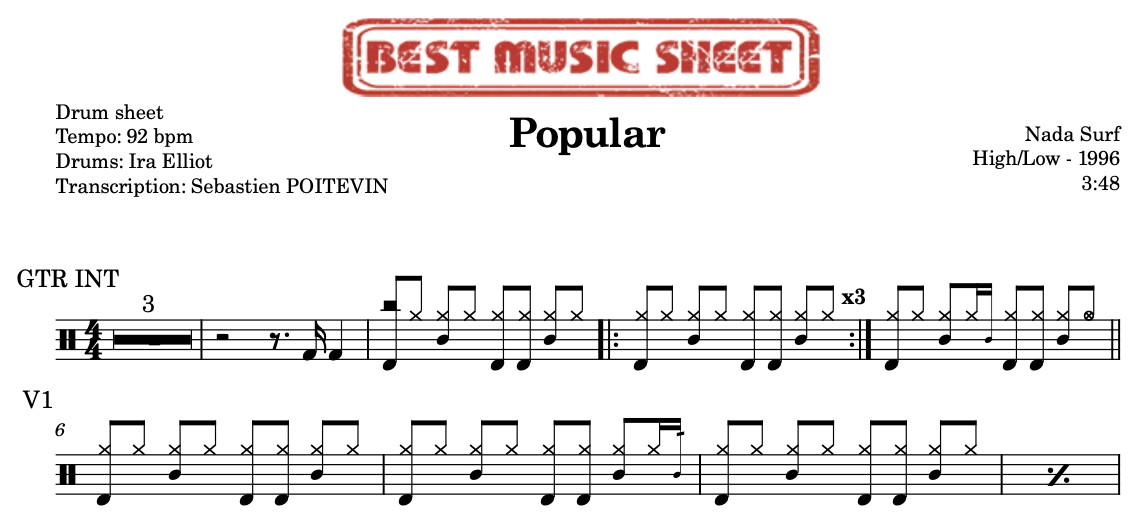 Sample drum sheet of Popular by Nada Surf