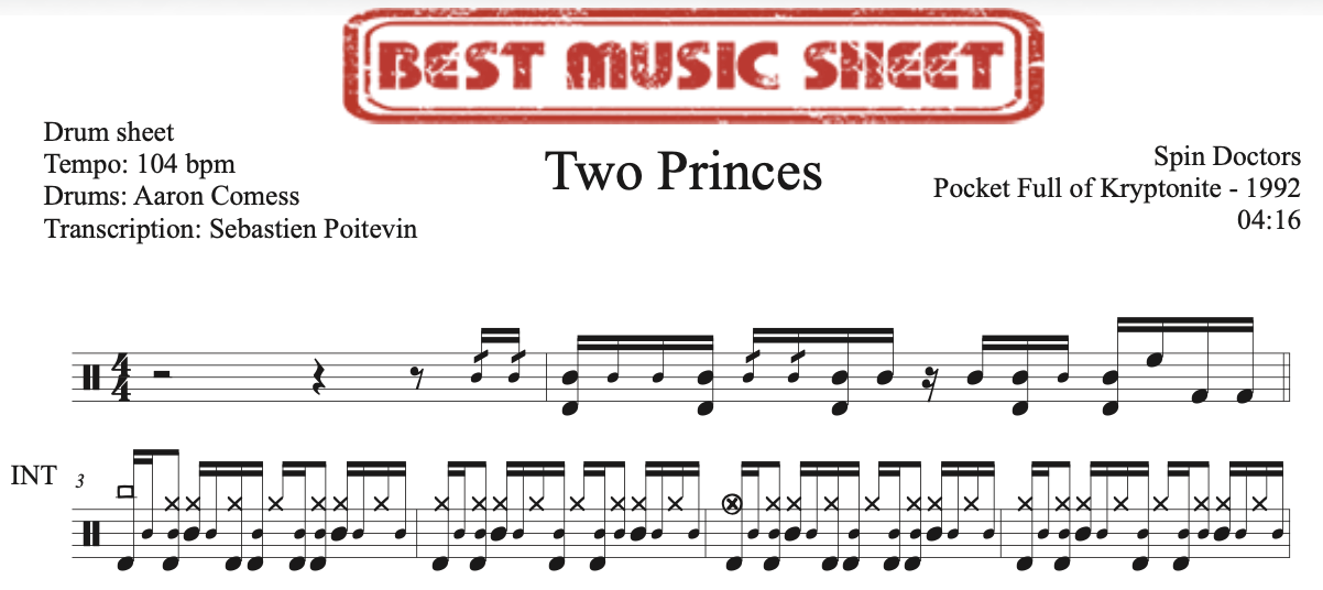 Sample drum sheet of Two Princes by Spin Doctors