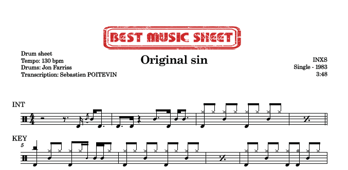 Sample drum sheet of Original Sin by INXS
