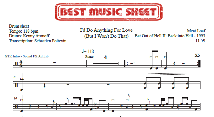Sample drum sheet of I'd Do Anything for Love (But I Won't Do That) by Meat Loaf