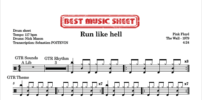 Sample drum sheet of Run Like Hell by Pink Floyd