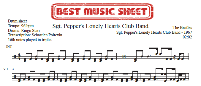 Sample drum sheet of Sgt. Pepper's Lonely Hearts Club Band by The Beatles