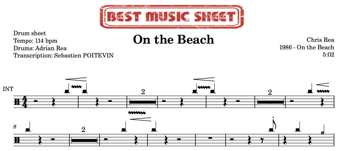 Sample drum sheet of On the Beach by Chris Rea