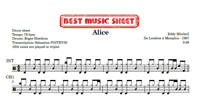 Sample drum sheet of Alice by Eddy Mitchell