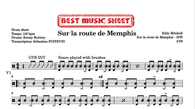Sample drum sheet of Sur la route de Memphis by Eddy Mitchell
