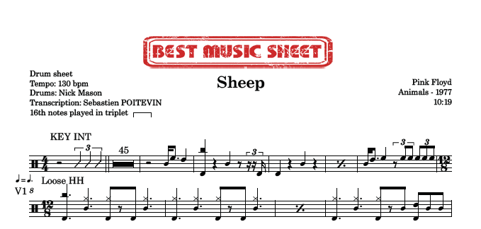 Sample drum sheet of Sheep by Pink Floyd