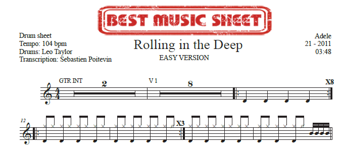 Sample drum sheet easy of Rolling in the Deep by Adele
