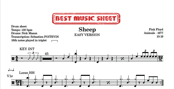Sample drum sheet easy of Sheep by Pink Floyd