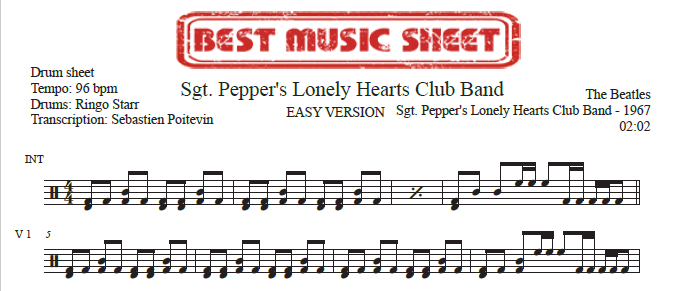 Sample drum sheet easy of Sgt. Pepper's Lonely Hearts Club Band by The Beatles
