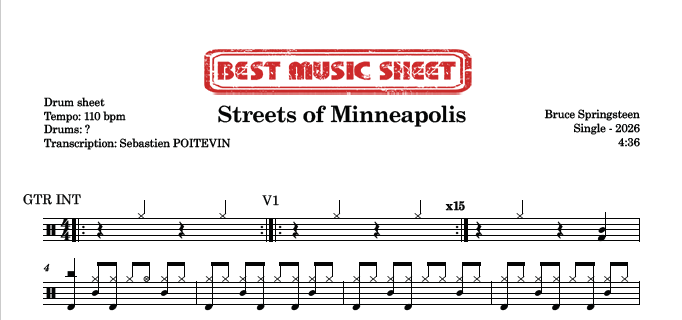 Sample drum sheet of Streets of Minneapolis by Bruce Springsteen