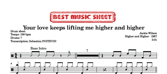 Sample drum sheet of Your Love Keeps Lifting Me Higher and Higher by Jackie Wilson