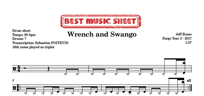 Sample drum sheet of Wrench and Swango by Jeff Russo