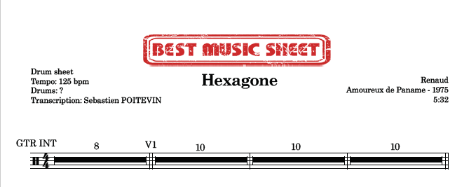 Sample drum sheet of Hexagone by Renaud