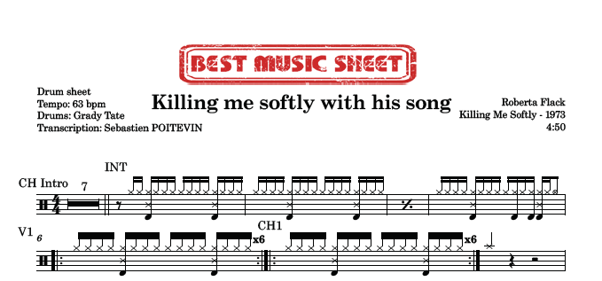Extrait partition de batterie Killing Me Softly with His Song de Roberta Flack