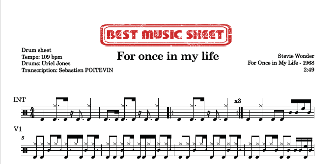 Sample drum sheet of For Once In My Life by Stevie Wonder