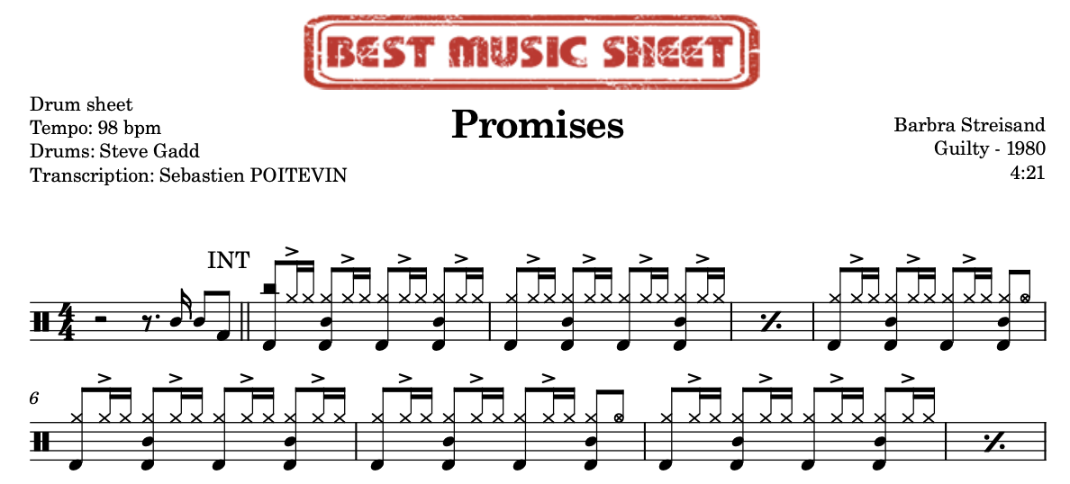 Sample drum sheet of Promises by Barbra Streisand