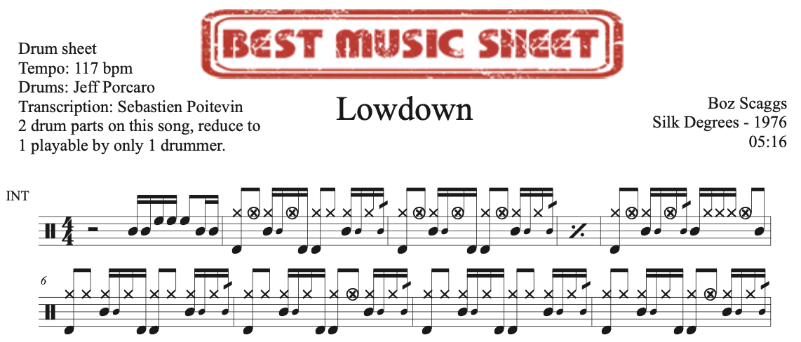Sample drum sheet of Lowdown by Boz Scaggs