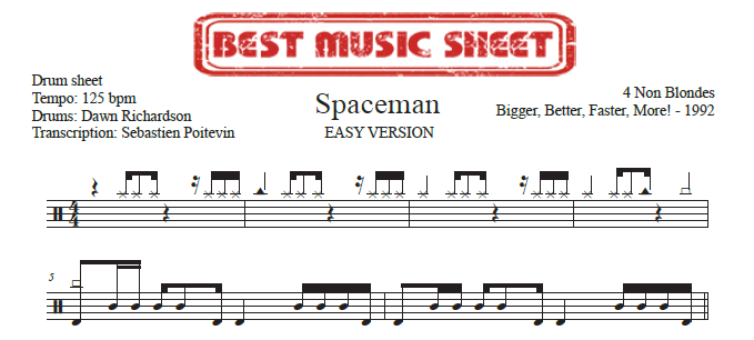 Extrait partition de batterie facile Spaceman de 4 Non Blondes