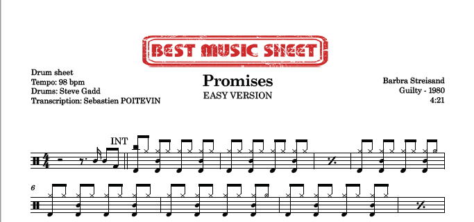 Sample drum sheet easy of Promises by Barbra Streisand