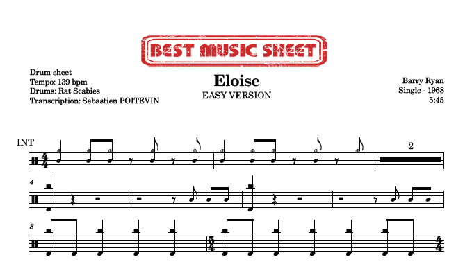 Sample drum sheet easy of Eloise by Barry Ryan