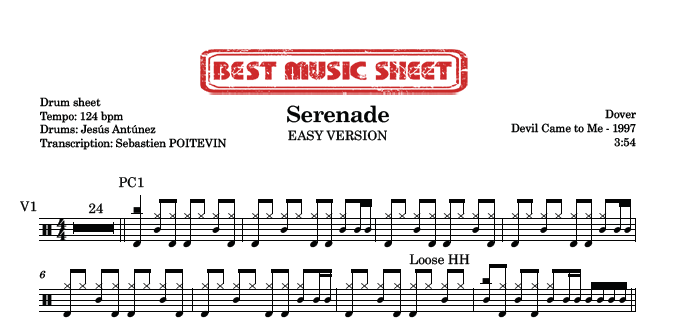 Sample drum sheet easy of Serenade by Dover