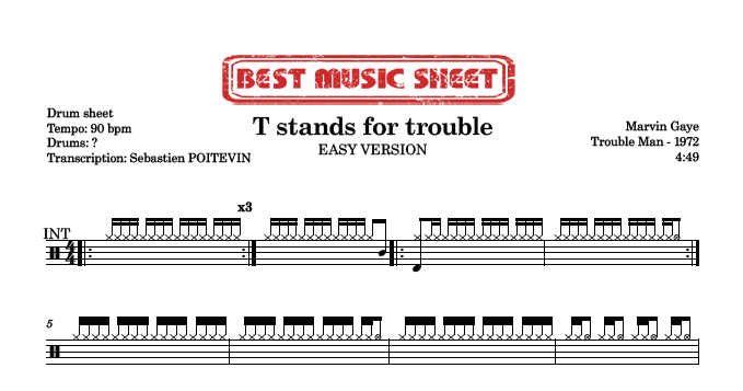 Sample drum sheet easy of T Stands for Trouble by Marvin Gaye