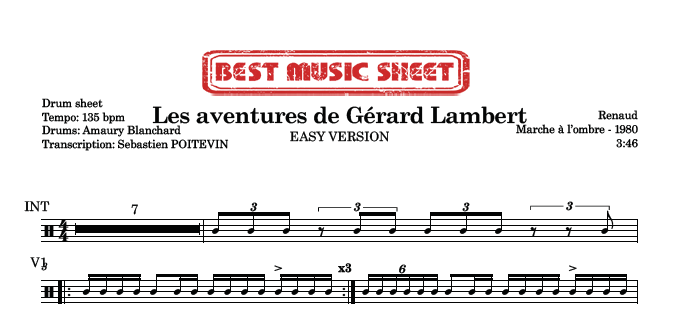 Sample drum sheet easy of Les Aventures de Gérard Lambert by Renaud