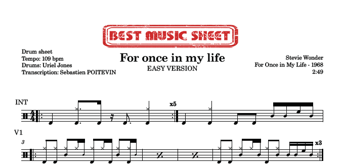 Sample drum sheet easy of For Once In My Life by Stevie Wonder