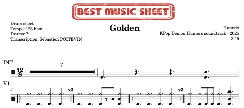Sample drum sheet of Golden by Huntrix