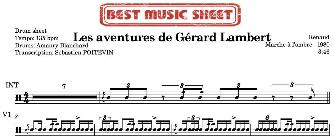 Sample drum sheet of Les Aventures de Gérard Lambert by Renaud