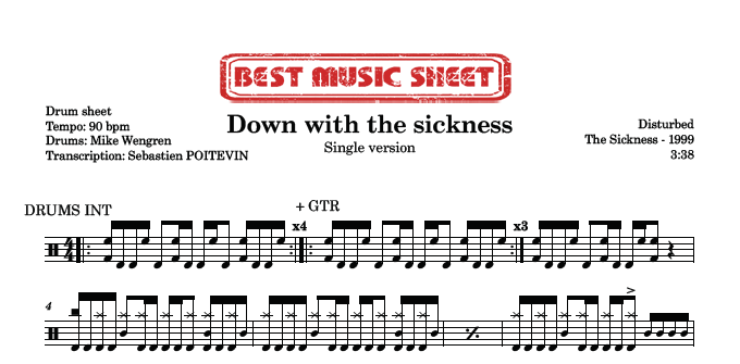 Sample drum sheet single of Down With The Sickness by Disturbed