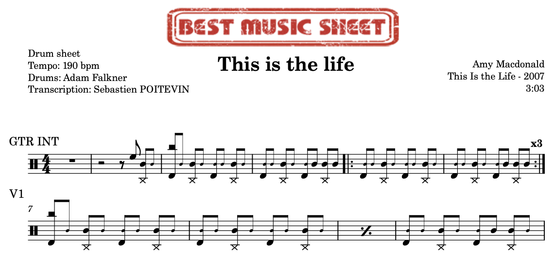Extrait partition de batterie This is the Life de Amy Macdonald