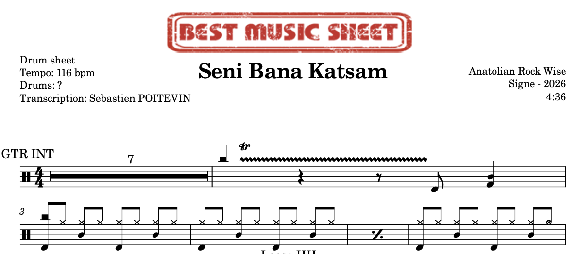 Sample drum sheet of Seni Bana Katsam by Anatolian Rock Wise
