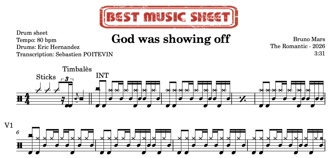 Sample drum sheet of God Was Showing Off by Bruno Mars
