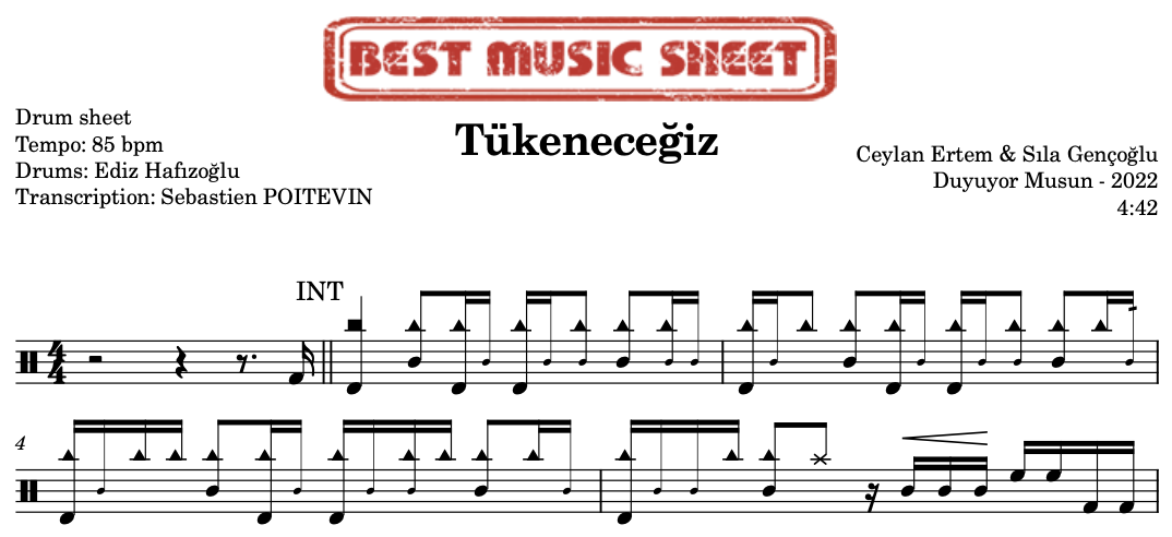 Sample drum sheet of Tukenecegiz by Ceylan Ertem & Sila Gencoglu